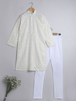 Little Clothings - Embroidery Kurta Tiki Work Collar Neck Paired With A Pyjama Cream (Set of 2)